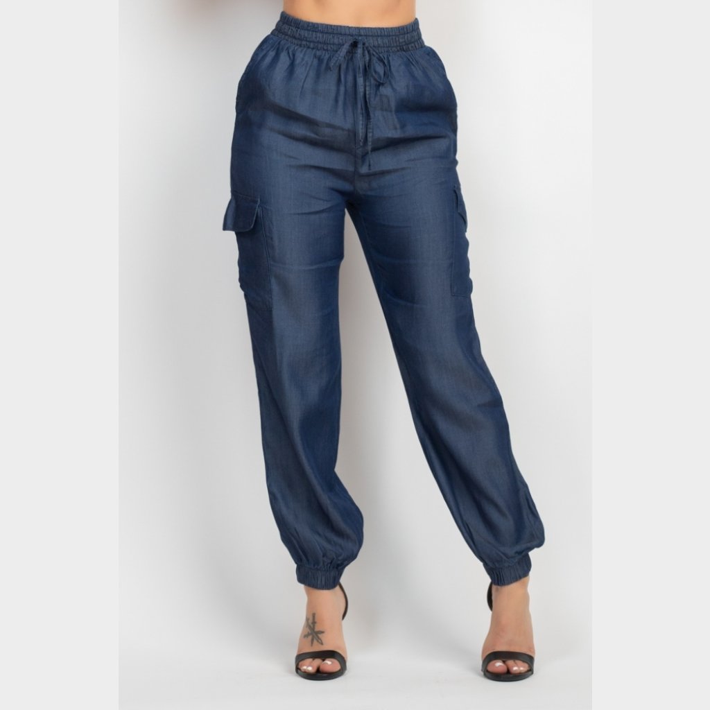Blue Denim High Waisted Cargo Jogger Pants